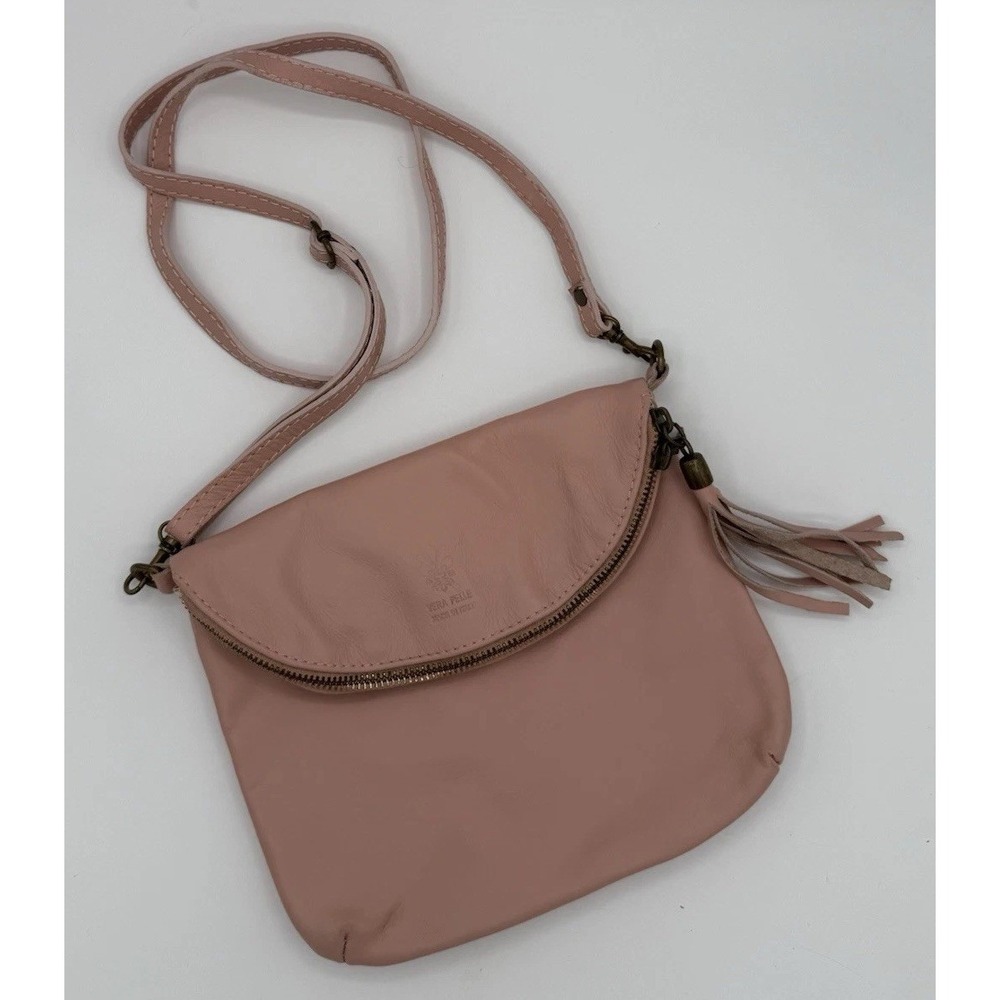 Vera Pelle Foldover Crossbody Bag Purse Light Pink Soft Leather made in Italy